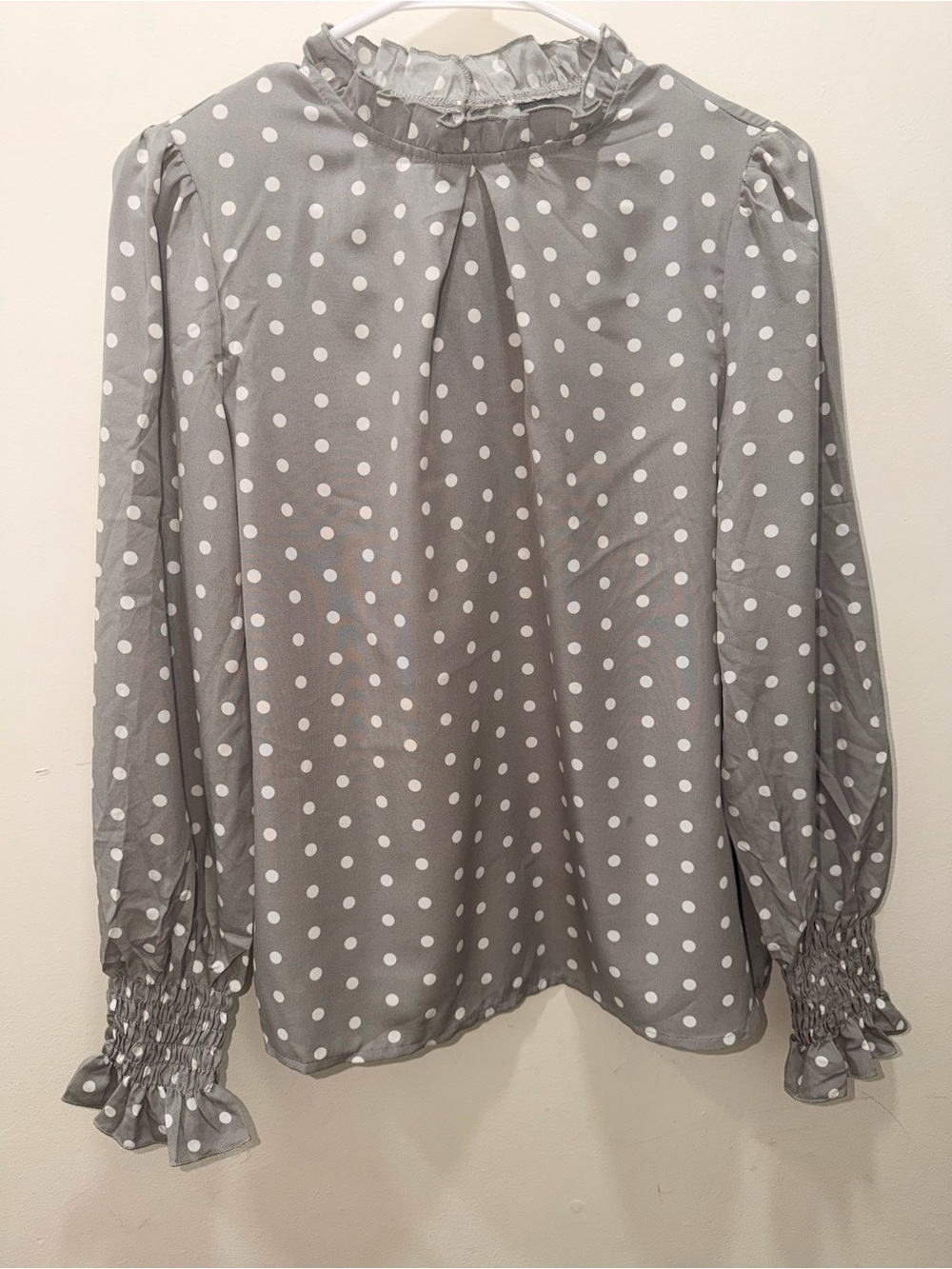 Polka Dot Ruffle Neck Long-Sleeve Blouse - Gray/White
